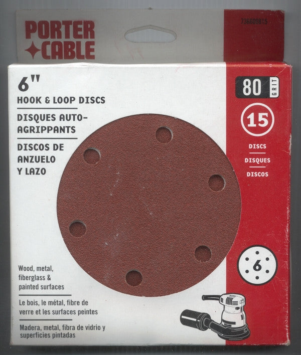 Porter-Cable PC-736600815 Sanding Disc, 6" Hook and Loop, 80 Grit, 15 Pack, 6 Hole Pattern Tool
