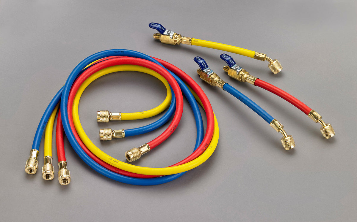 Yellow Jacket 25985 Plus II 1/4" Refrigerant Hose Set 60" with FlexFlow Ball Valve Adapters - 3 Pack RYB
