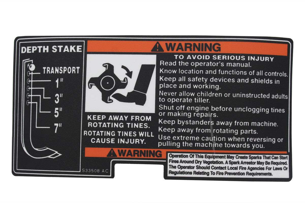 Cub Cadet 777S33508 Tiller Tine Shield Label Tiller