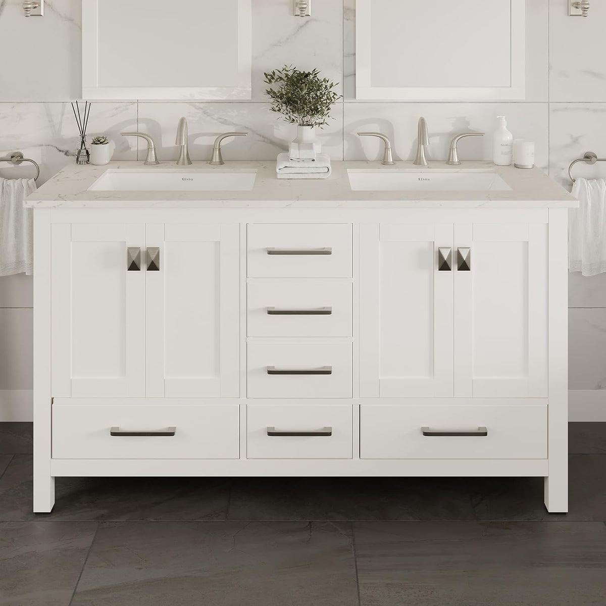 Eviva EVVN412-60WH-Q Aberdeen 60" Bathroom Vanity Double Sinks Undermount Carrara Quartz Countertop New