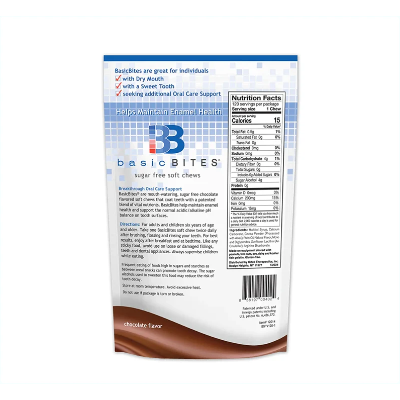 BasicBites Chocolate back of package with Nutrition Facts, ingredients and directions