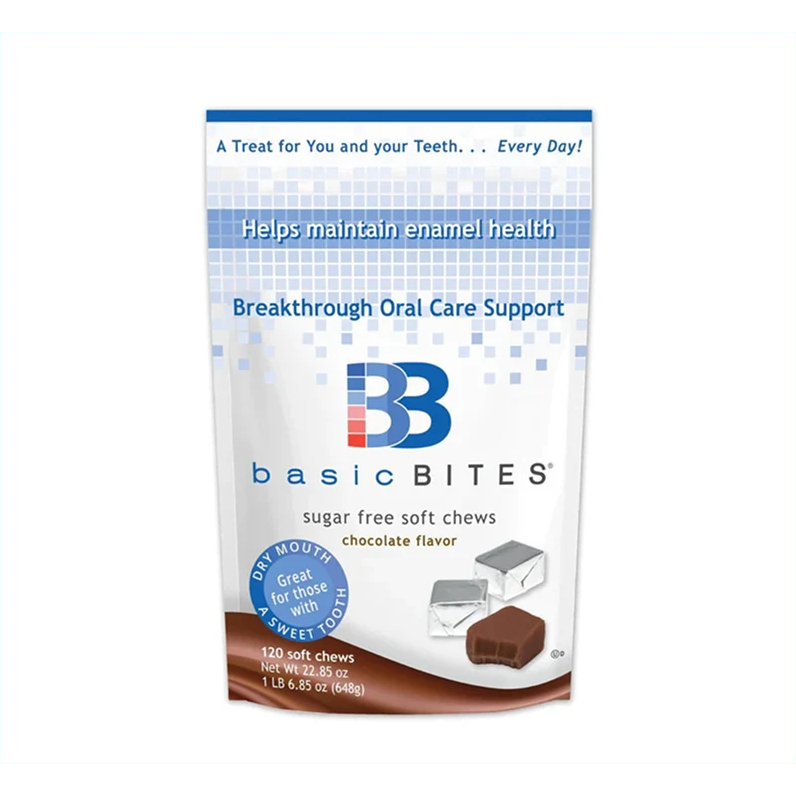 BasicBites Chocolate sugar-free soft chews, 120-count pouch, front of package