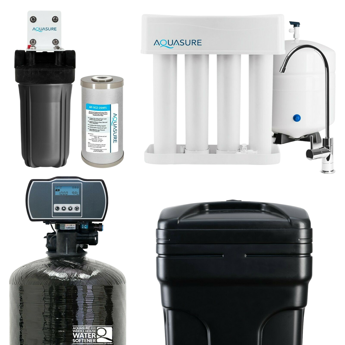 Aquasure AS-WHF64D Whole House Filtration with 64,000 Grain Water Softener Reverse Osmosis System and Sediment-GAC Pre-Filter Bundle New