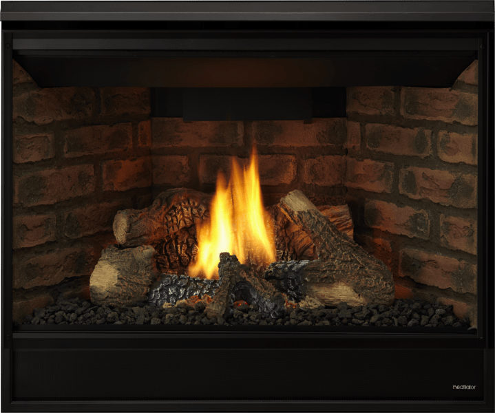Heatilator Novus 36 inch direct vent gas fireplace with traditional brick interior and optional Simon black screen front
