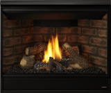 Heatilator Novus 36 inch direct vent gas fireplace with traditional brick interior and optional Simon black screen front
